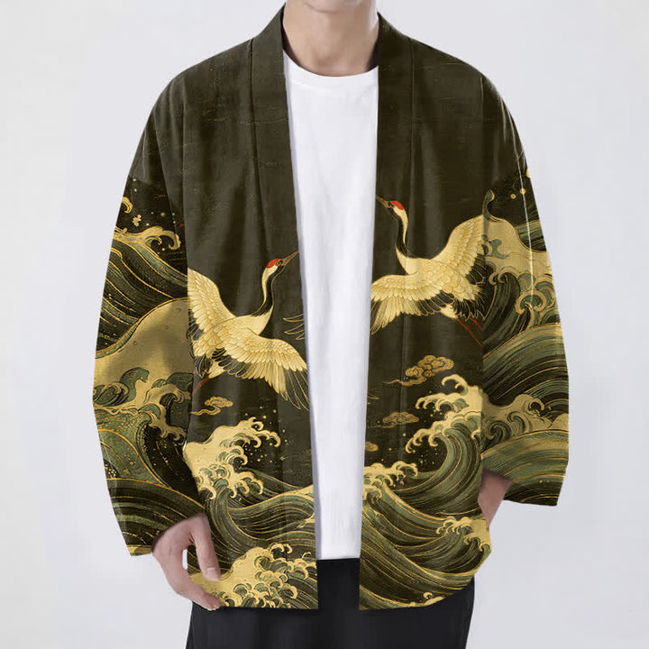 Buddha Stones Bawełniane kimono męskie z odkrytym przodem i wzorem Golden Crane Rolling Waves - Oliwka - US/UK/AU48， EU58 (4XL) - image 9