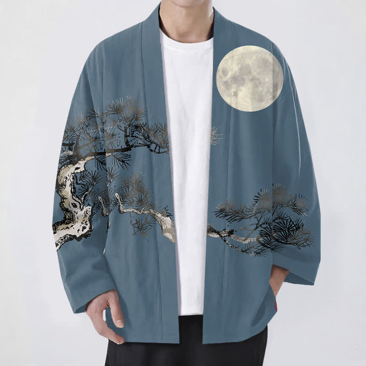 Buddha Stones Bawełniane kimono męskie z wzorem pełni księżyca i sosny z otwartym przodem - Stalowoniebieski - US/UK/AU48， EU58 (4XL) - image 0
