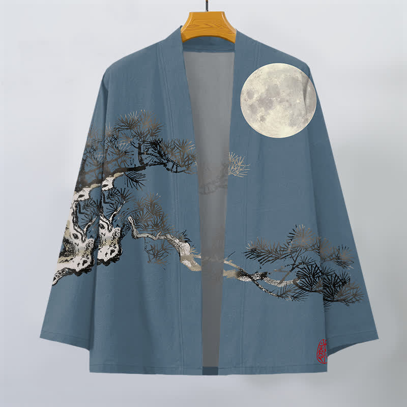 Buddha Stones Bawełniane kimono męskie z wzorem pełni księżyca i sosny z otwartym przodem - image 1