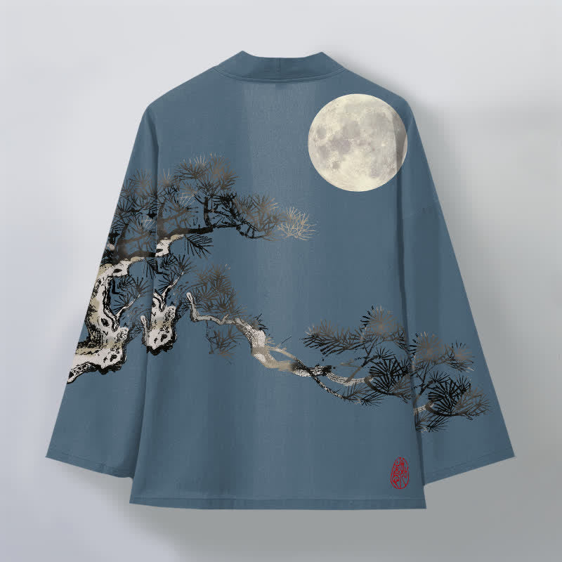 Buddha Stones Bawełniane kimono męskie z wzorem pełni księżyca i sosny z otwartym przodem - image 2