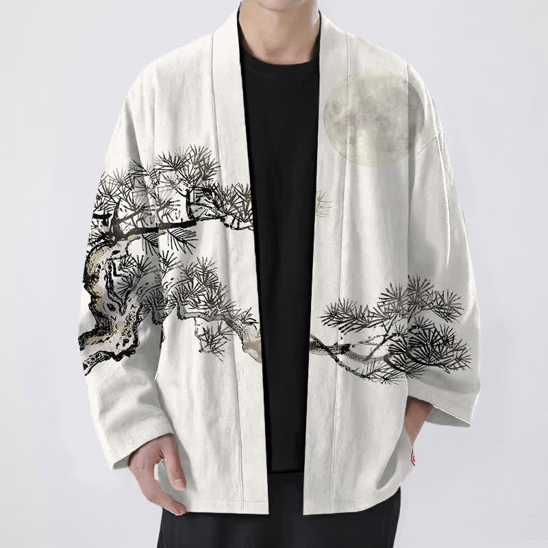Buddha Stones Bawełniane kimono męskie z wzorem pełni księżyca i sosny z otwartym przodem - Kość słoniowa - US/UK/AU48， EU58 (4XL) - image 6