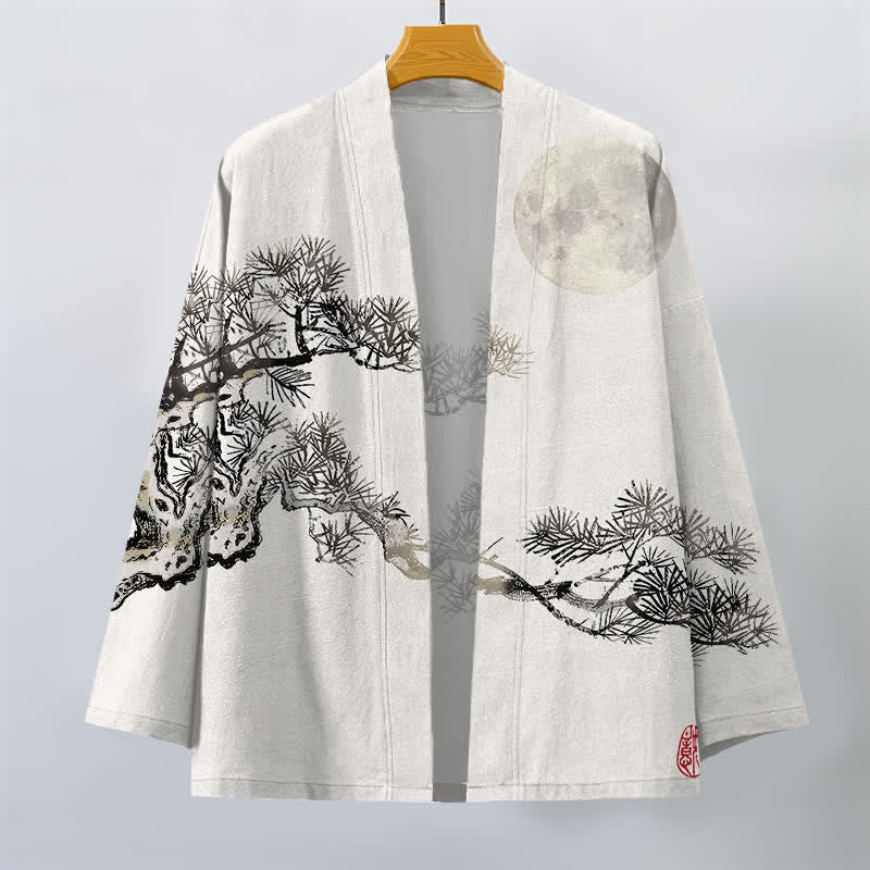 Buddha Stones Bawełniane kimono męskie z wzorem pełni księżyca i sosny z otwartym przodem - image 7