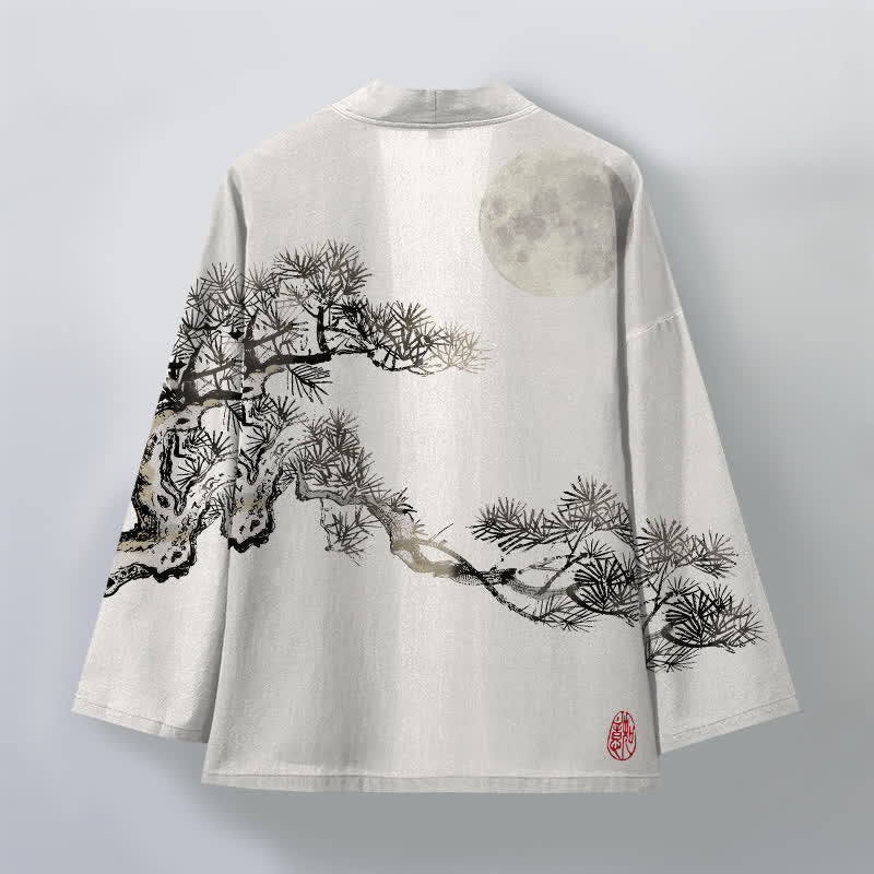 Buddha Stones Bawełniane kimono męskie z wzorem pełni księżyca i sosny z otwartym przodem - image 8