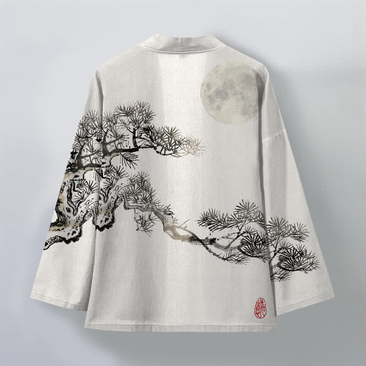 Buddha Stones Bawełniane kimono męskie z wzorem pełni księżyca i sosny z otwartym przodem - image 8