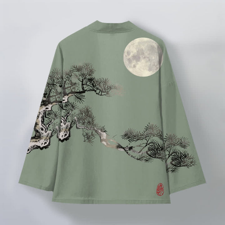 Buddha Stones Bawełniane kimono męskie z wzorem pełni księżyca i sosny z otwartym przodem - image 11