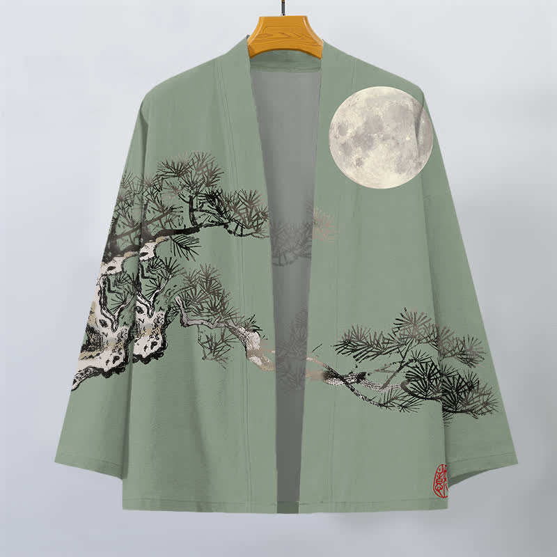 Buddha Stones Bawełniane kimono męskie z wzorem pełni księżyca i sosny z otwartym przodem - image 10