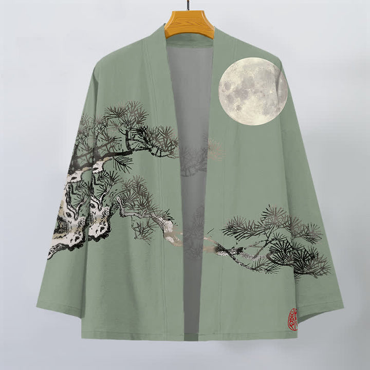 Buddha Stones Bawełniane kimono męskie z wzorem pełni księżyca i sosny z otwartym przodem - image 10