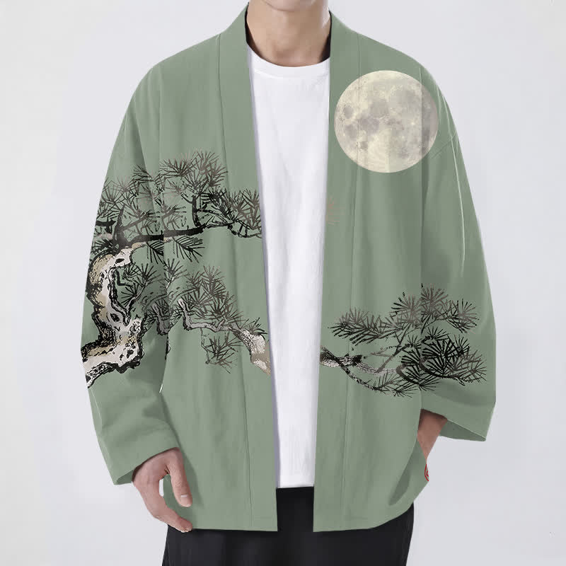 Buddha Stones Bawełniane kimono męskie z wzorem pełni księżyca i sosny z otwartym przodem - DarkSeaGreen - US/UK/AU48， EU58 (4XL) - image 9