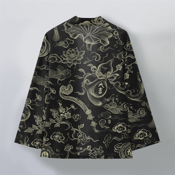 Buddha Stones Męskie kimono z bawełny z odkrytym przodem i wzorem w chmury lotosu - image 2