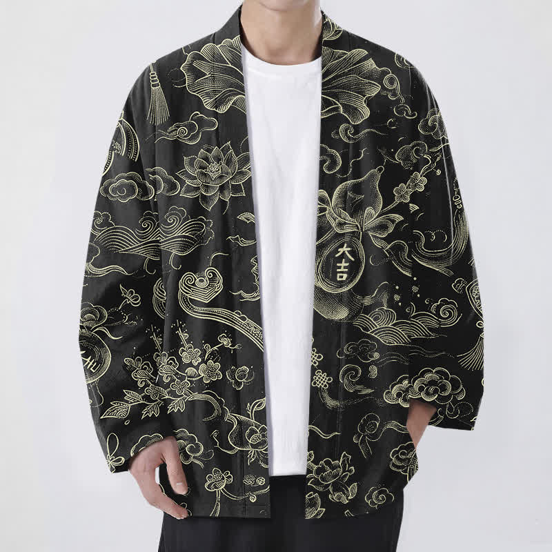 Buddha Stones Męskie kimono z bawełny z odkrytym przodem i wzorem w chmury lotosu - Czarny - US/UK/AU48， EU58 (4XL) - image 0