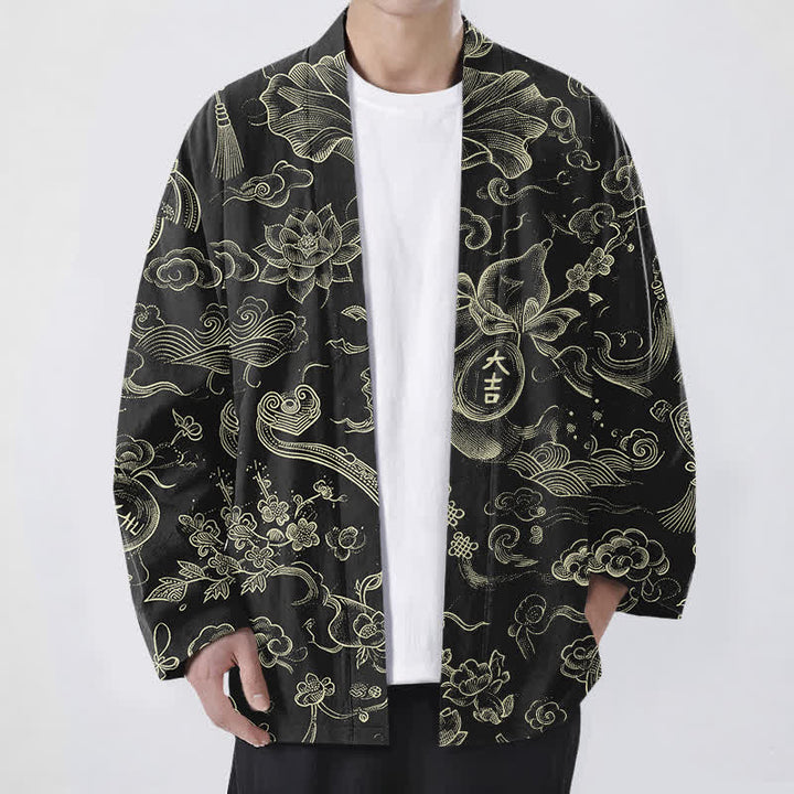 Buddha Stones Męskie kimono z bawełny z odkrytym przodem i wzorem w chmury lotosu - Czarny - US/UK/AU48， EU58 (4XL) - image 0