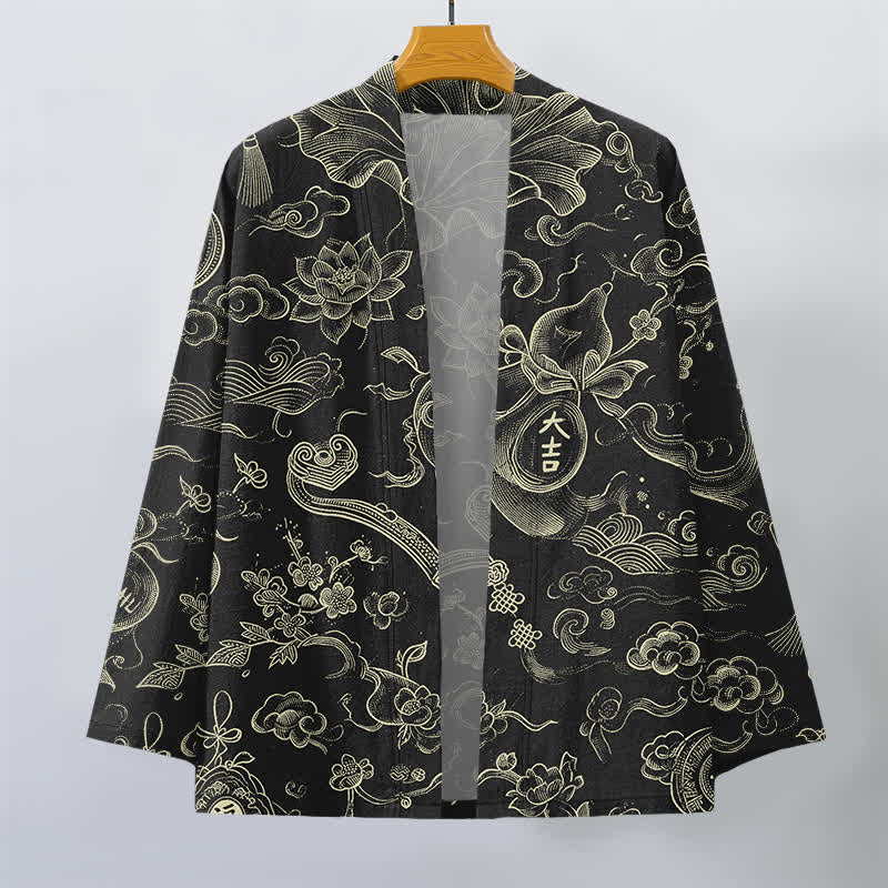 Buddha Stones Męskie kimono z bawełny z odkrytym przodem i wzorem w chmury lotosu - image 1