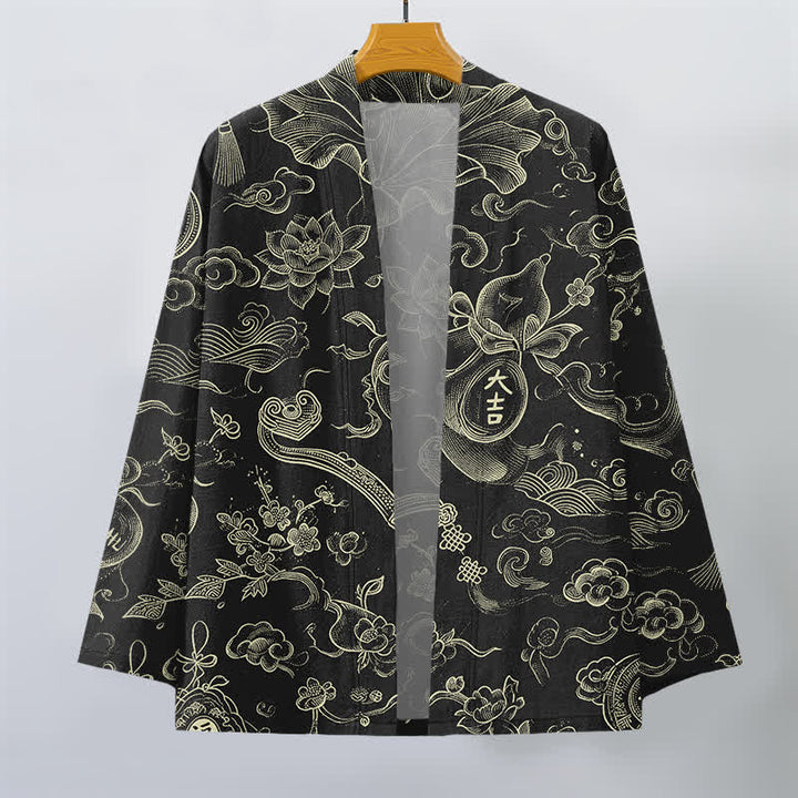 Buddha Stones Męskie kimono z bawełny z odkrytym przodem i wzorem w chmury lotosu - image 1