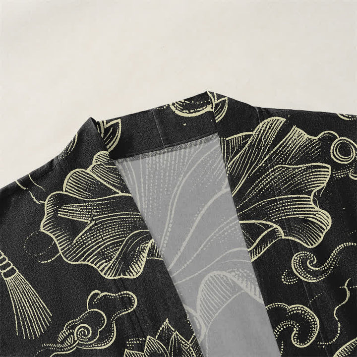 Buddha Stones Męskie kimono z bawełny z odkrytym przodem i wzorem w chmury lotosu - image 3