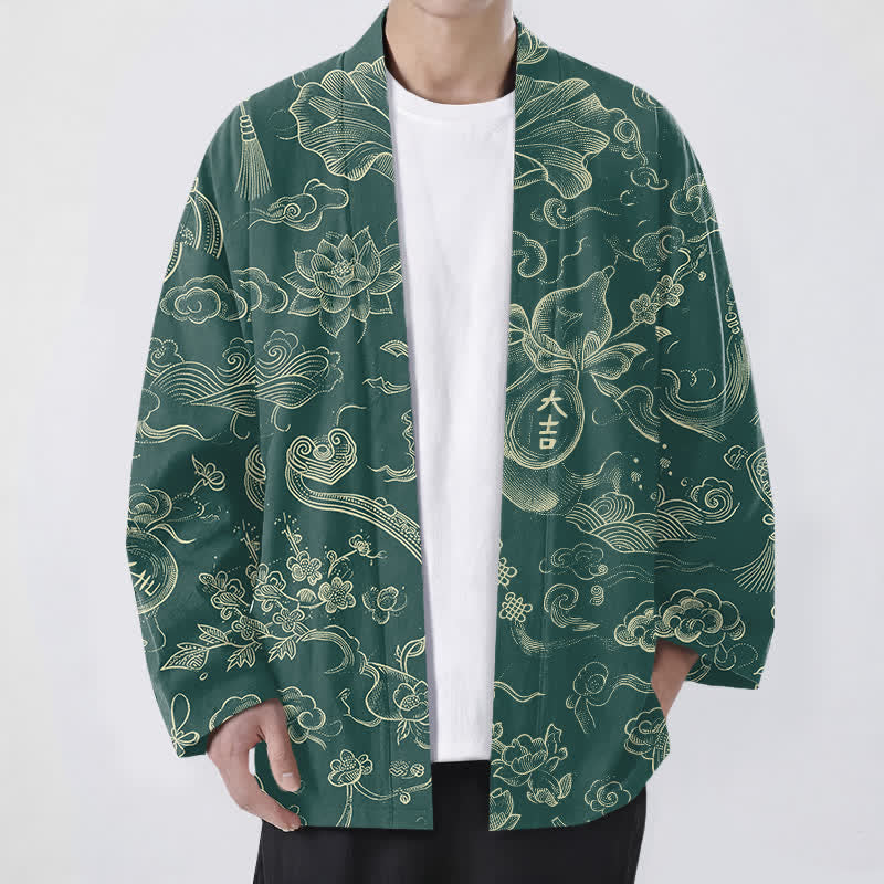 Buddha Stones Męskie kimono z bawełny z odkrytym przodem i wzorem w chmury lotosu - SeaGreen - US/UK/AU48， EU58 (4XL) - image 6