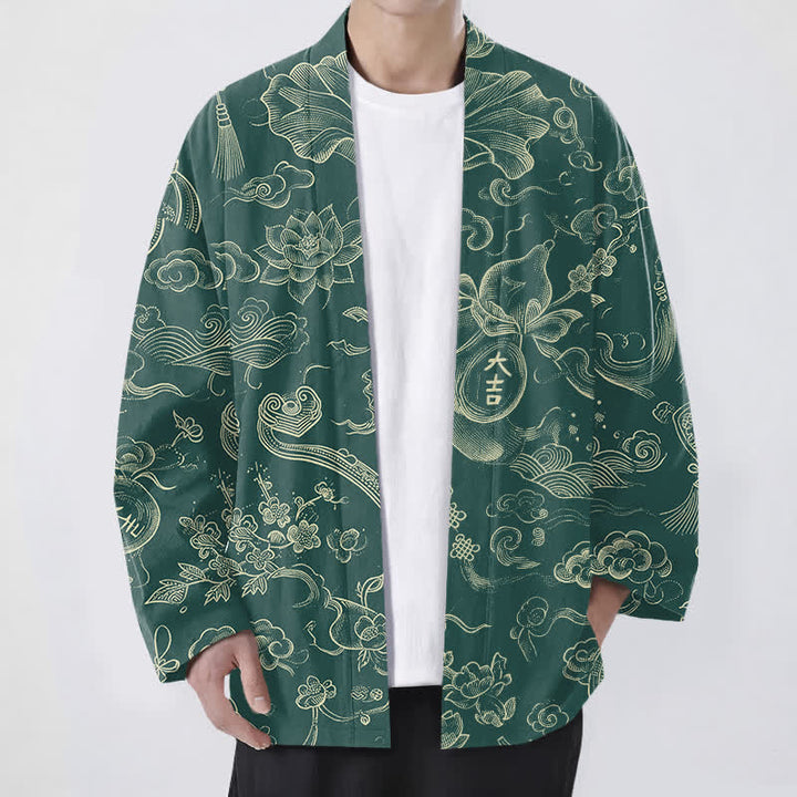Buddha Stones Męskie kimono z bawełny z odkrytym przodem i wzorem w chmury lotosu - SeaGreen - US/UK/AU48， EU58 (4XL) - image 6