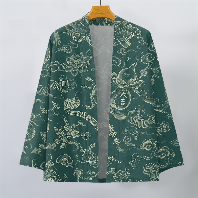 Buddha Stones Męskie kimono z bawełny z odkrytym przodem i wzorem w chmury lotosu - image 7