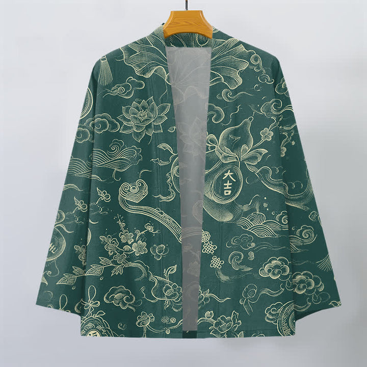 Buddha Stones Męskie kimono z bawełny z odkrytym przodem i wzorem w chmury lotosu - image 7