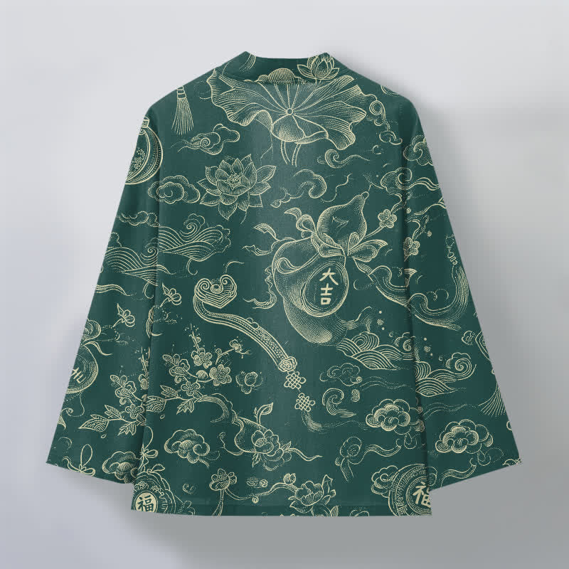 Buddha Stones Męskie kimono z bawełny z odkrytym przodem i wzorem w chmury lotosu - image 8