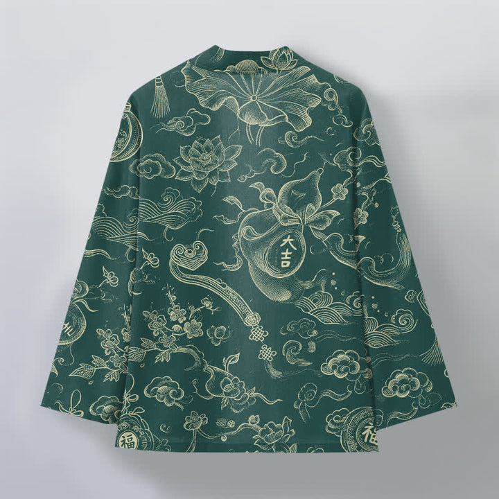 Buddha Stones Męskie kimono z bawełny z odkrytym przodem i wzorem w chmury lotosu - image 8