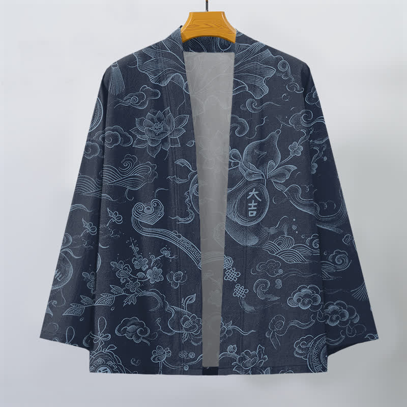Buddha Stones Męskie kimono z bawełny z odkrytym przodem i wzorem w chmury lotosu - image 10