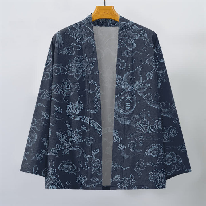 Buddha Stones Męskie kimono z bawełny z odkrytym przodem i wzorem w chmury lotosu - image 10