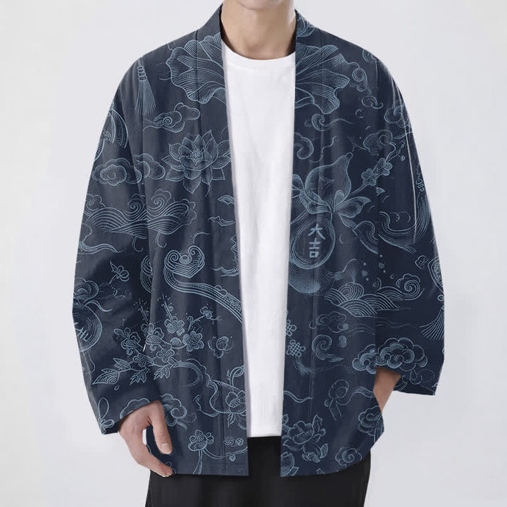 Buddha Stones Męskie kimono z bawełny z odkrytym przodem i wzorem w chmury lotosu - Marynarka wojenna - US/UK/AU48， EU58 (4XL) - image 9