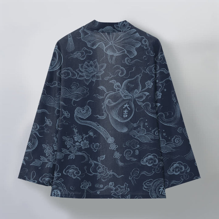 Buddha Stones Męskie kimono z bawełny z odkrytym przodem i wzorem w chmury lotosu - image 11