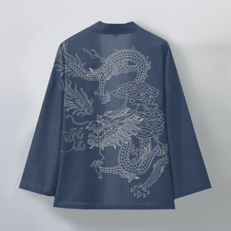 Buddha Stones Bawełniane kimono męskie z odkrytym przodem i wzorem chmur smoka w kolorze białym - image 2