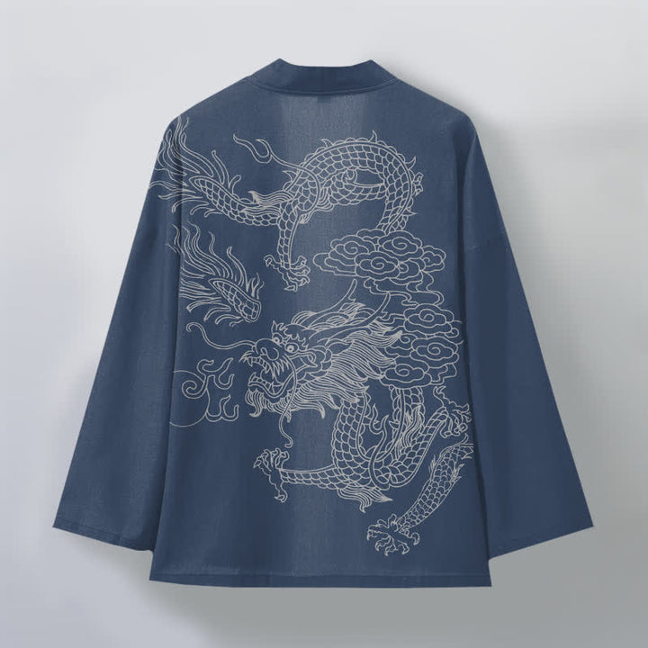 Buddha Stones Bawełniane kimono męskie z odkrytym przodem i wzorem chmur smoka w kolorze białym - image 2
