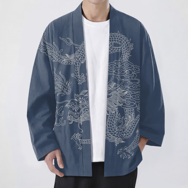 Buddha Stones Bawełniane kimono męskie z odkrytym przodem i wzorem chmur smoka w kolorze białym - Stalowoniebieski - US/UK/AU48， EU58 (4XL) - image 0