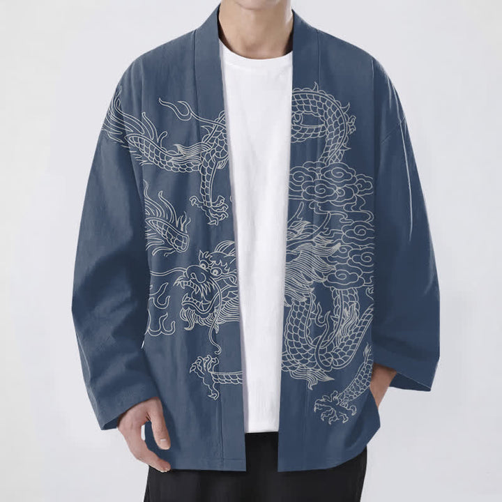 Buddha Stones Bawełniane kimono męskie z odkrytym przodem i wzorem chmur smoka w kolorze białym - Stalowoniebieski - US/UK/AU48， EU58 (4XL) - image 0
