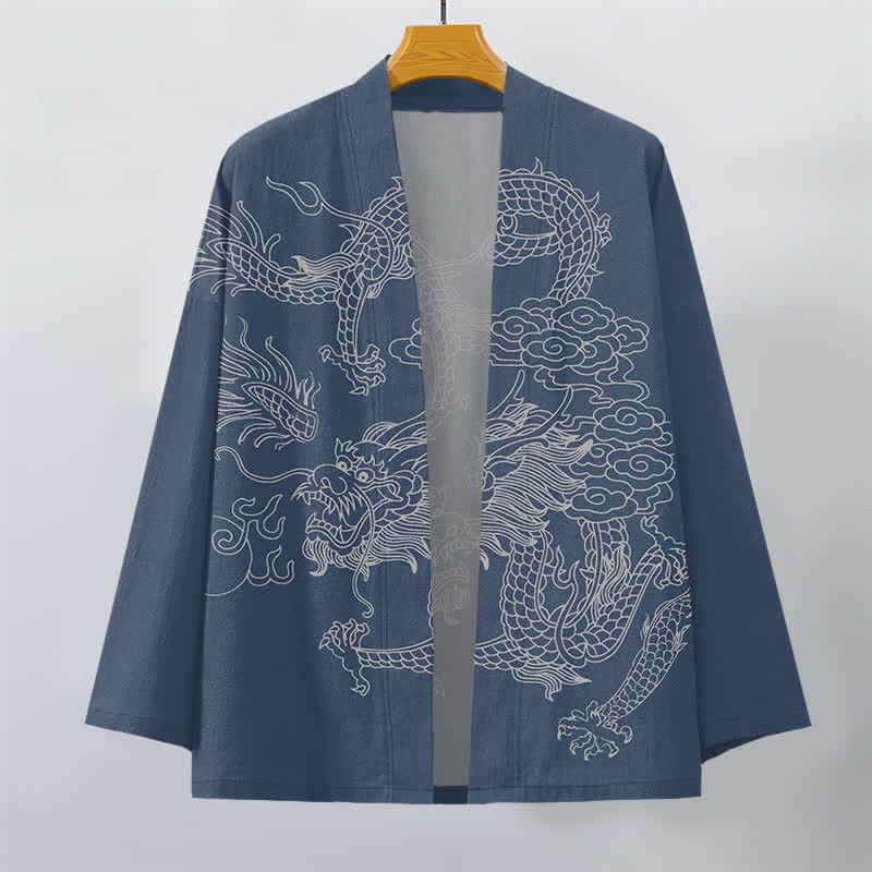 Buddha Stones Bawełniane kimono męskie z odkrytym przodem i wzorem chmur smoka w kolorze białym - image 1
