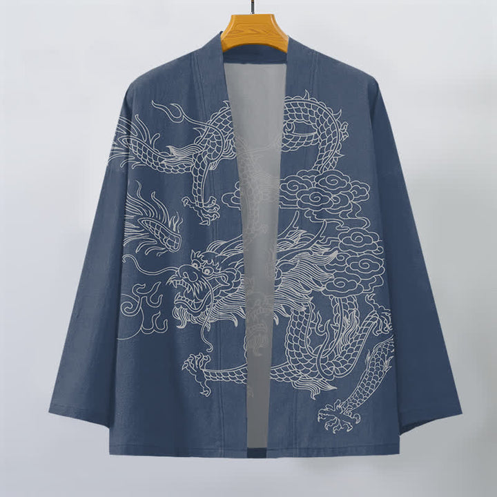 Buddha Stones Bawełniane kimono męskie z odkrytym przodem i wzorem chmur smoka w kolorze białym - image 1