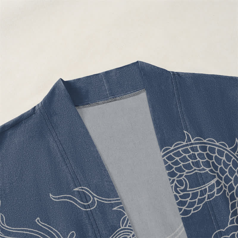 Buddha Stones Bawełniane kimono męskie z odkrytym przodem i wzorem chmur smoka w kolorze białym - image 3