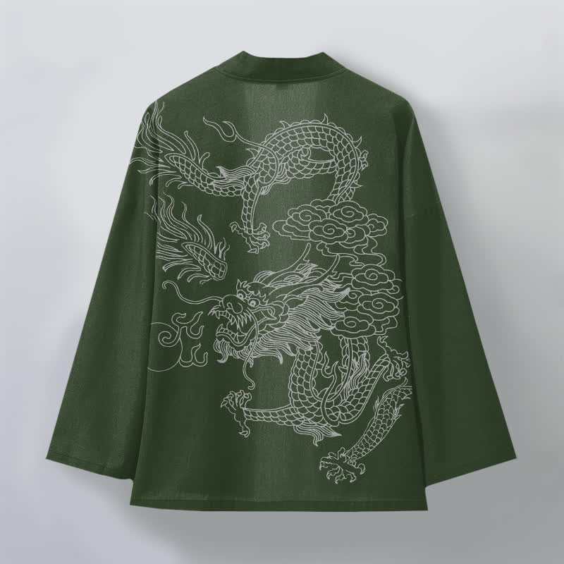 Buddha Stones Bawełniane kimono męskie z odkrytym przodem i wzorem chmur smoka w kolorze białym - image 8