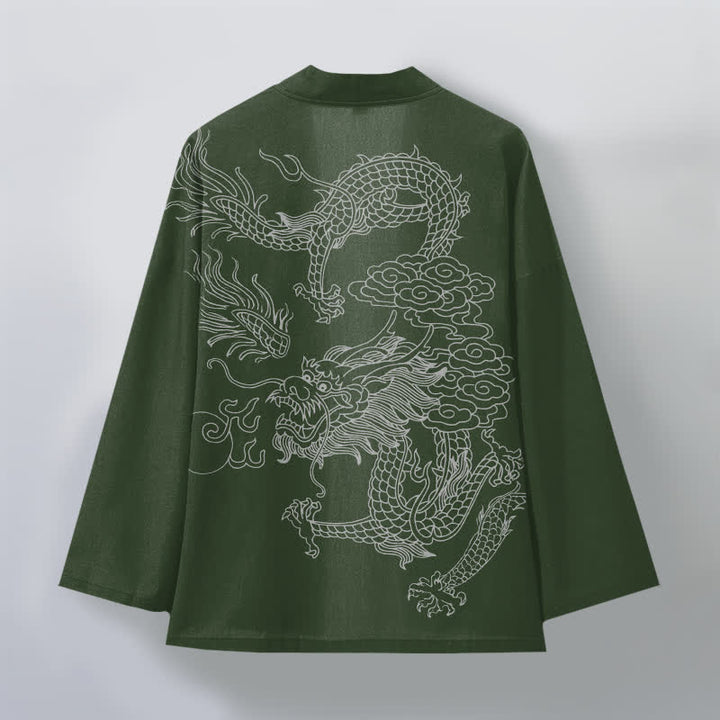 Buddha Stones Bawełniane kimono męskie z odkrytym przodem i wzorem chmur smoka w kolorze białym - image 8