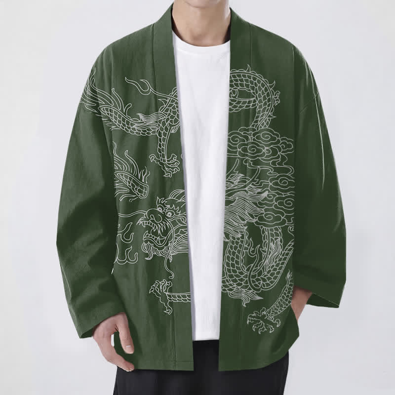 Buddha Stones Bawełniane kimono męskie z odkrytym przodem i wzorem chmur smoka w kolorze białym - Ciemnozielony - US/UK/AU48， EU58 (4XL) - image 6