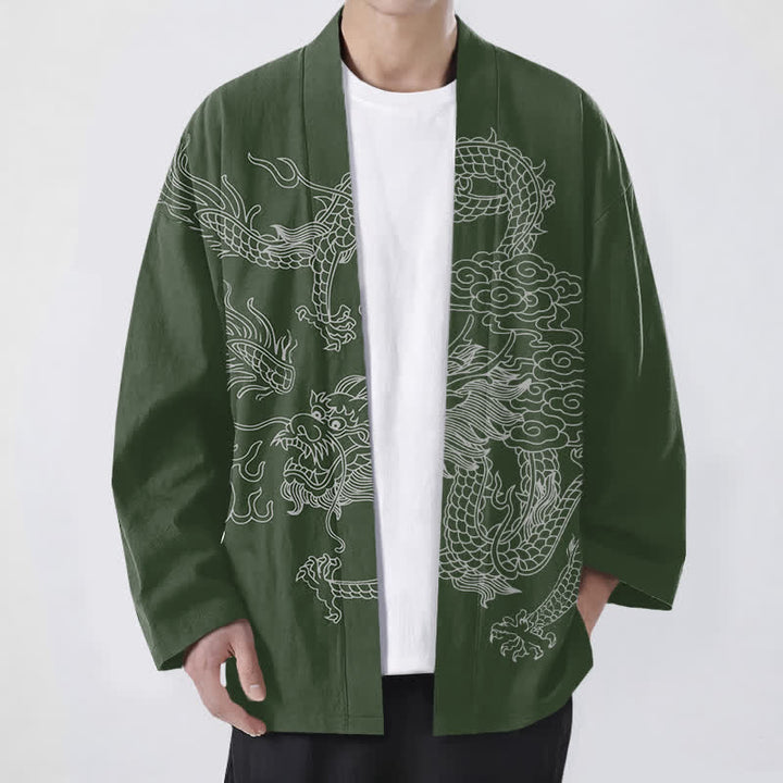 Buddha Stones Bawełniane kimono męskie z odkrytym przodem i wzorem chmur smoka w kolorze białym - Ciemnozielony - US/UK/AU48， EU58 (4XL) - image 6