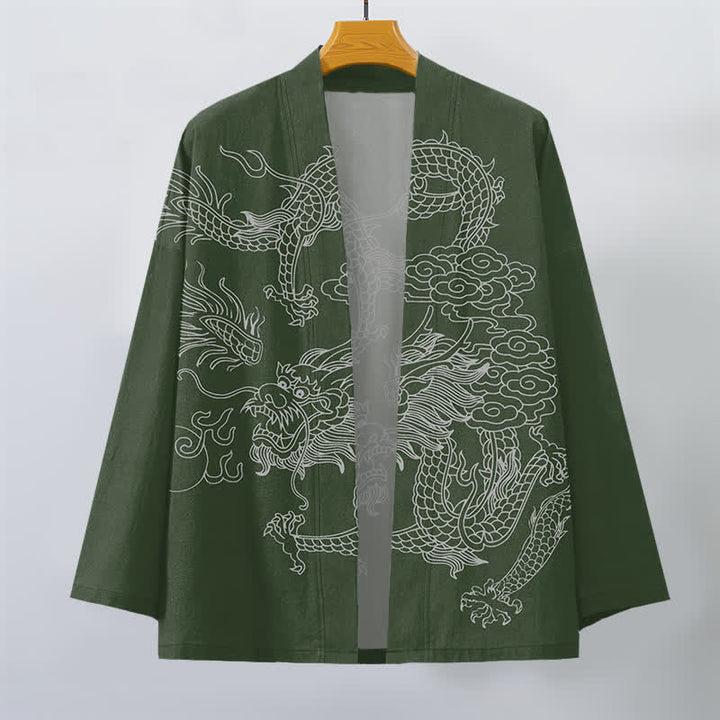 Buddha Stones Bawełniane kimono męskie z odkrytym przodem i wzorem chmur smoka w kolorze białym - image 7