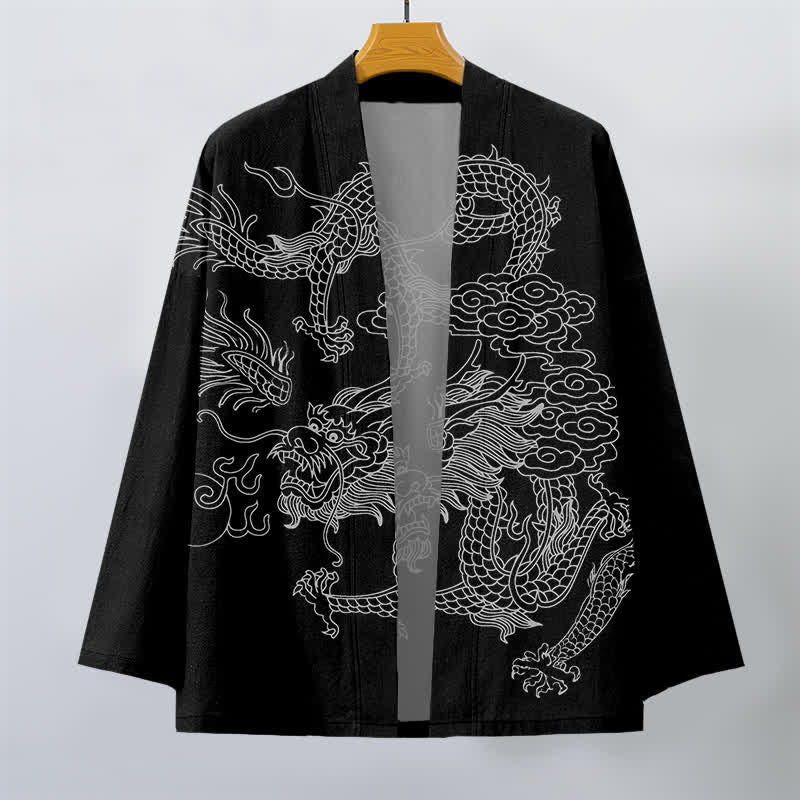 Buddha Stones Bawełniane kimono męskie z odkrytym przodem i wzorem chmur smoka w kolorze białym - image 10