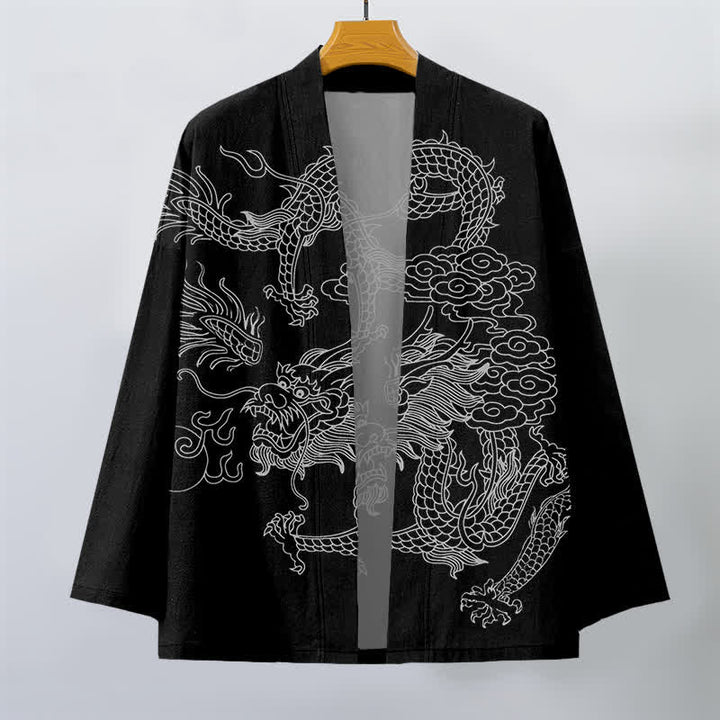 Buddha Stones Bawełniane kimono męskie z odkrytym przodem i wzorem chmur smoka w kolorze białym - image 10