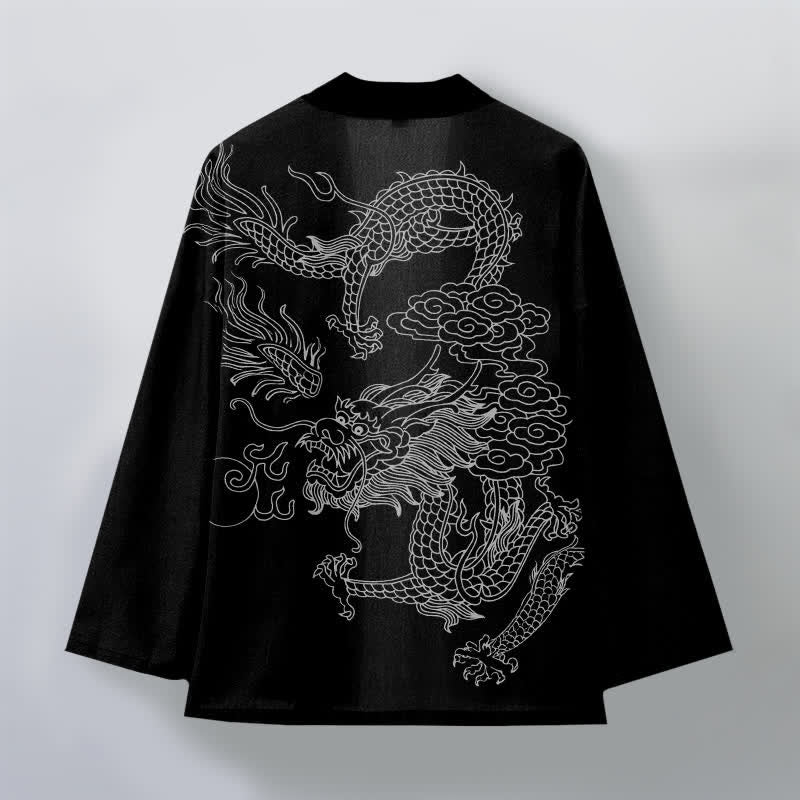 Buddha Stones Bawełniane kimono męskie z odkrytym przodem i wzorem chmur smoka w kolorze białym - image 11