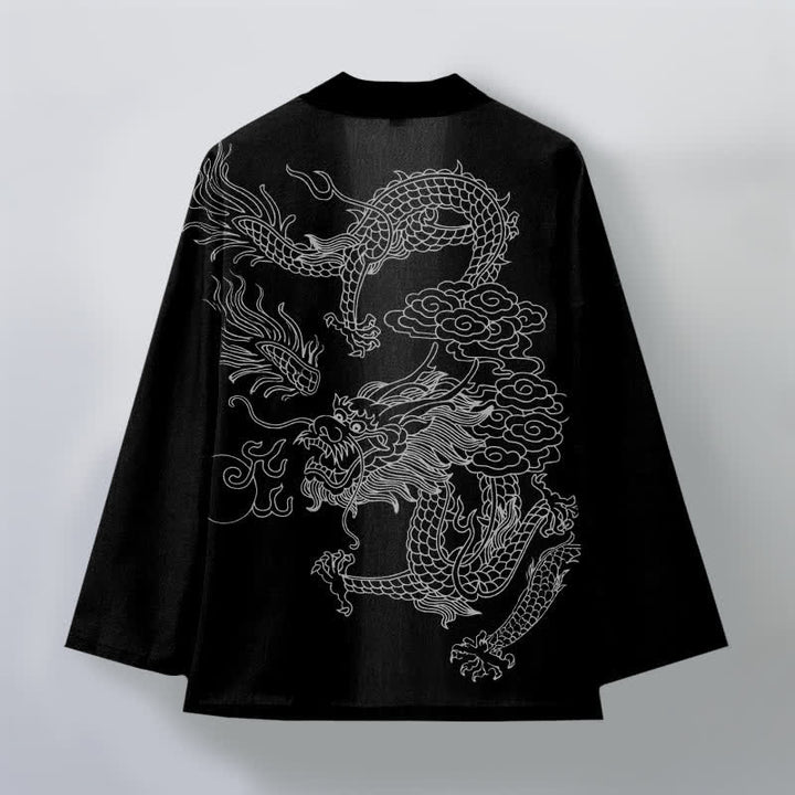 Buddha Stones Bawełniane kimono męskie z odkrytym przodem i wzorem chmur smoka w kolorze białym - image 11