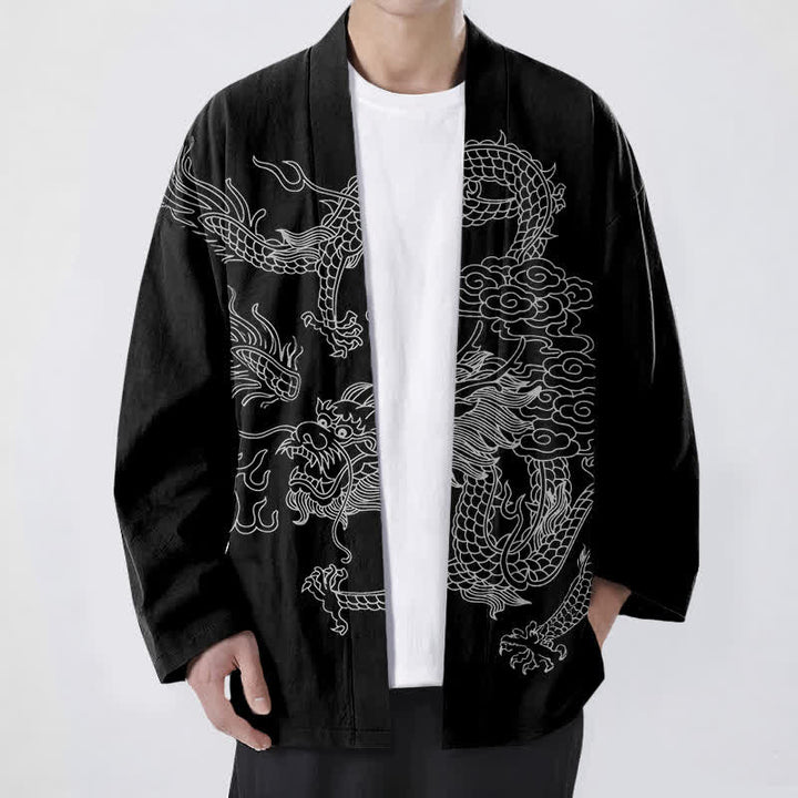 Buddha Stones Bawełniane kimono męskie z odkrytym przodem i wzorem chmur smoka w kolorze białym - Czarny - US/UK/AU48， EU58 (4XL) - image 9