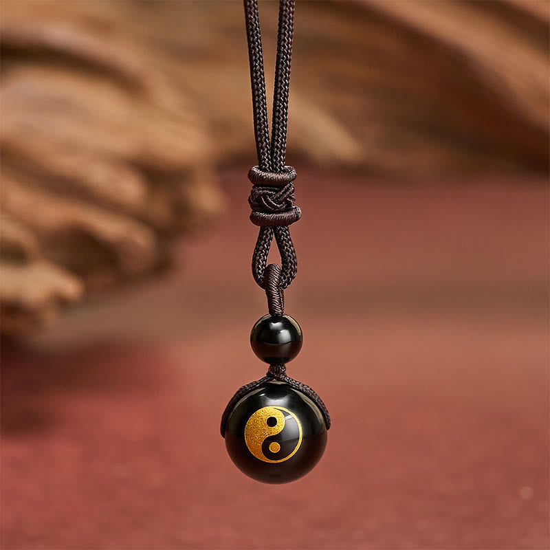Buddha Stones Naszyjnik z rzeźbionym czarnym obsydianem, oczyszczający Yin Yang - Wzór Yin Yang ze złotym stemplem - 26,8 cala / 68 cm - image 6