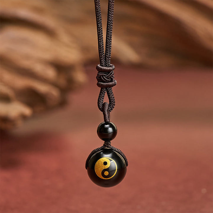 Buddha Stones Naszyjnik z rzeźbionym czarnym obsydianem, oczyszczający Yin Yang - Wzór Yin Yang ze złotym stemplem - 26,8 cala / 68 cm - image 6