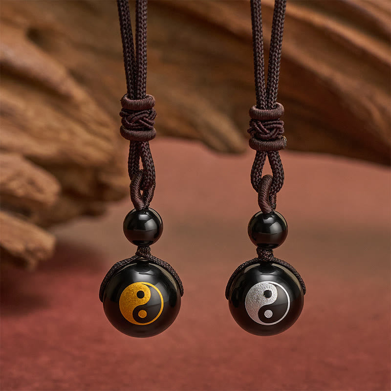 Buddha Stones Naszyjnik z rzeźbionym czarnym obsydianem, oczyszczający Yin Yang - image 10