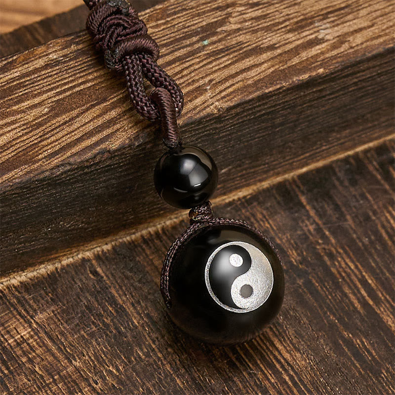 Buddha Stones Naszyjnik z rzeźbionym czarnym obsydianem, oczyszczający Yin Yang - image 1