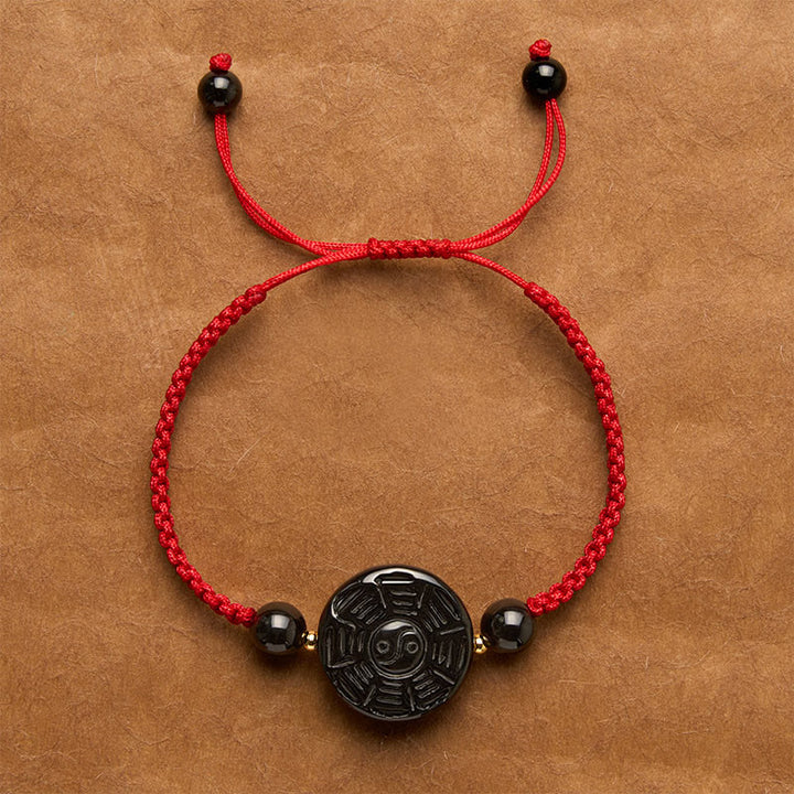 Buddha Stones Bransoletka z czerwonego sznurka i czarnego obsydianu z okrągłym bagua - Czerwony sznurek (obwód nadgarstka: 15–17 cm) - Około 22 × 9 mm - image 0